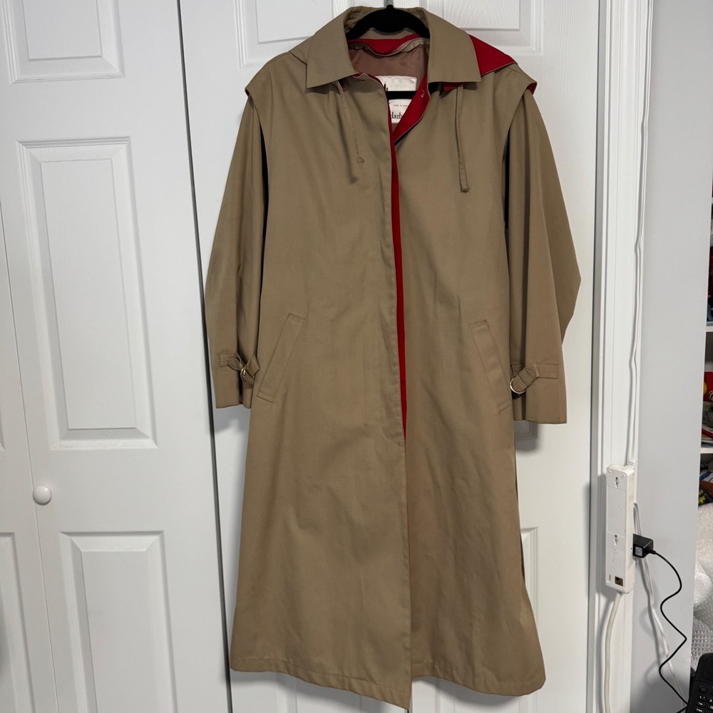 Misty Harbor Vintage Tan Trench Coat Red Lining Hooded Belted Khaki Jacket 16 R